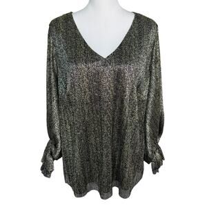 VINCE‎ CAMUTO NWT Women's 2X Gold Black Shiny Flouncy Balloon Sleeve Blouse Top